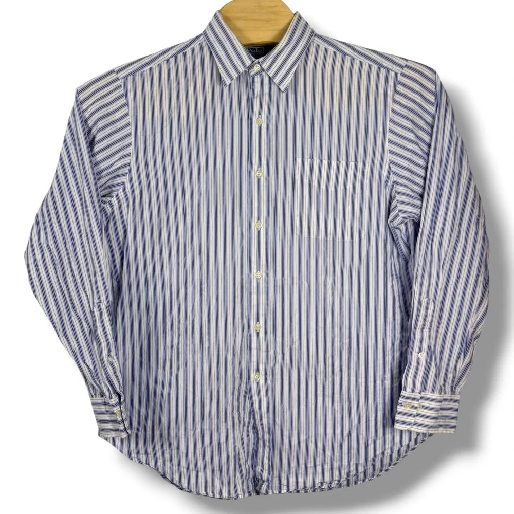Vintage Polo Ralph Lauren‎ Andrew Button Down Men 16 Large Blue Stripe Poplin